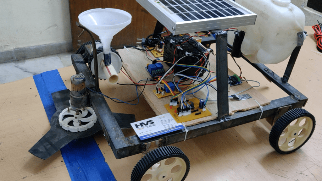 HVS-3190. Solar powered Multipurpose AgriBot through Bluetooth Seed sowing, Watering, ploughing and grass cutting