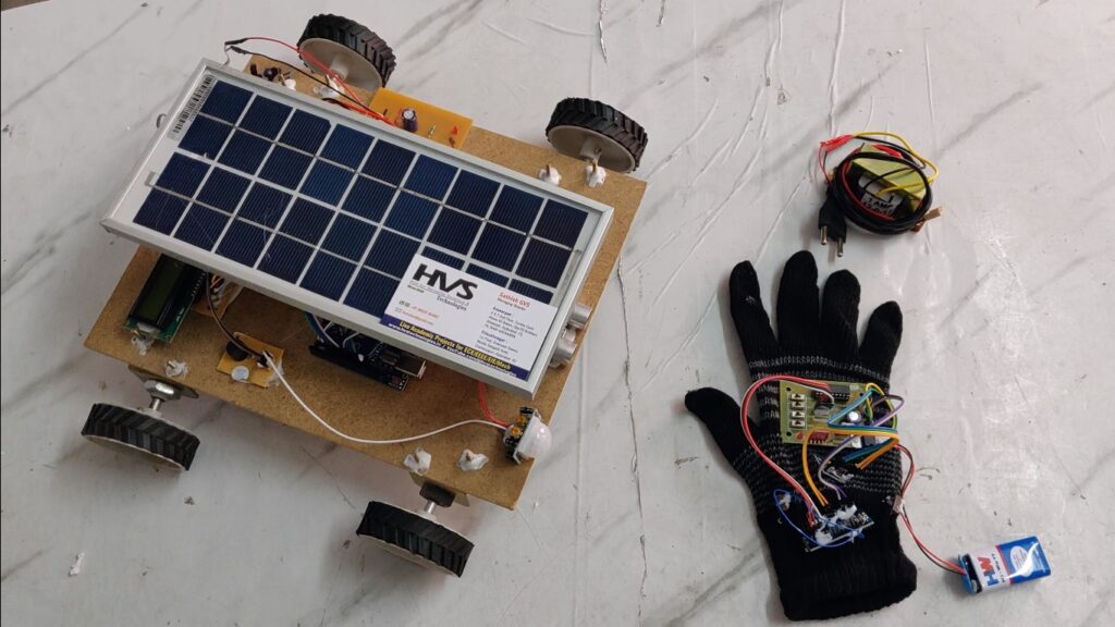 HVS-4654. Solar powered Gesture control Robot in Military base with Human detection - PIR Sensor & Auto mode.