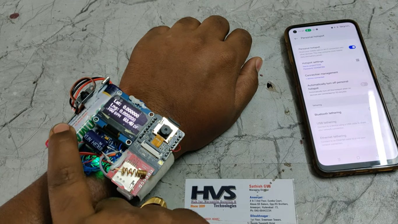HVS-4772. Smart Wearable Device for Women Safety with Photo Email, GSM , GPS , ESP32CAM and Geo Fencing Alerts