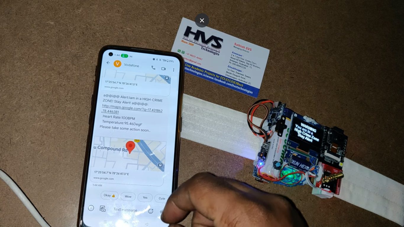 HVS-4772. Smart Wearable Device for Women Safety with Photo Email, GSM , GPS , ESP32CAM and Geo Fencing Alerts