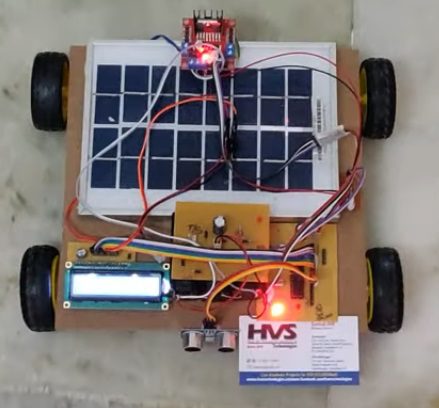 HVS-122. Implementation of a Versatile Solar Powered Vehicle with Ultrasonic sensors which gives voltage display on LCD.