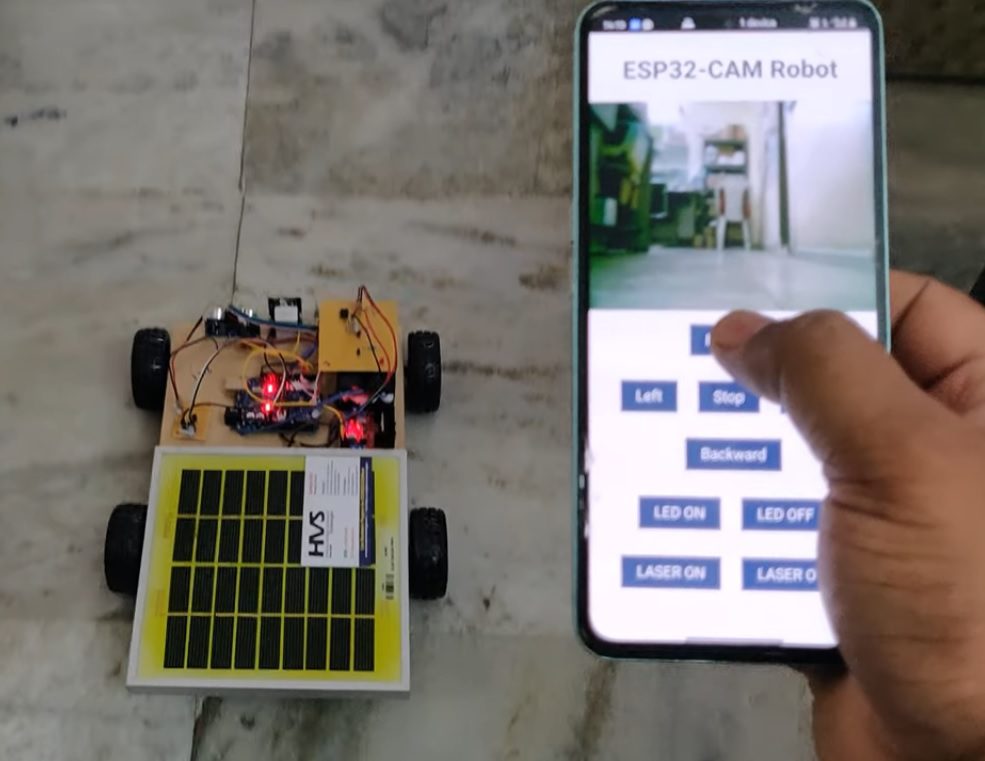 HVS-5056. Solar powered IoT Surveillance Robot with obstacle,  Metal detector and LASER