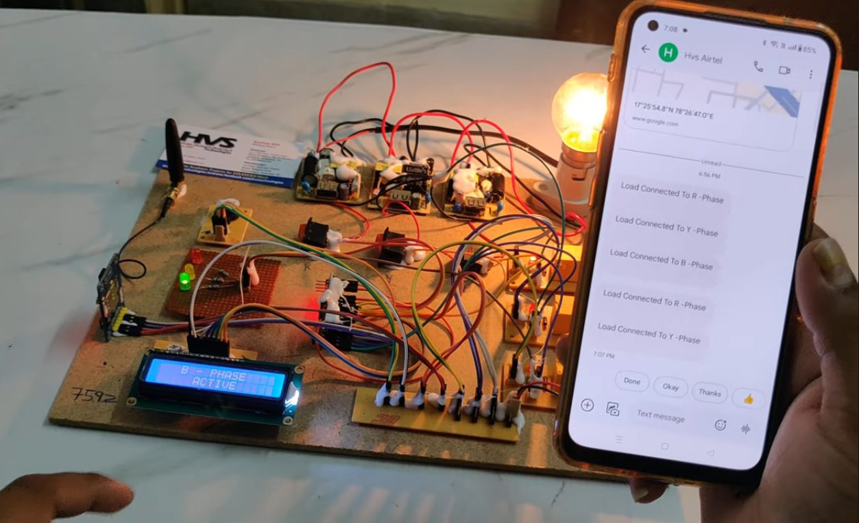 HVS-5064. Automatic Active Phase selector for single phase load from 3-phase supply with SMS Alerts and Arduino NANO