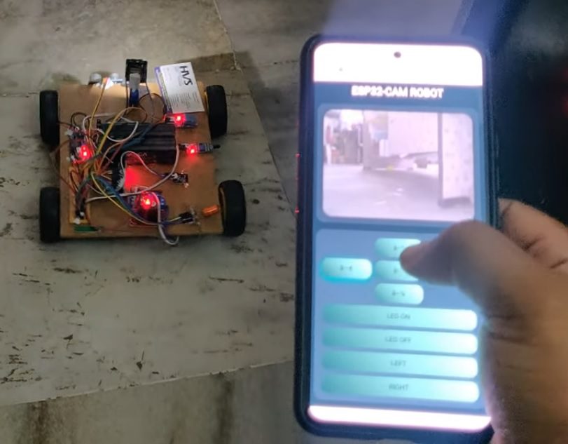 HVS-5053. Surveillance Rover - ESP32-CAM, DHT11, Vibration Sensor, Fire alerts through SMS
