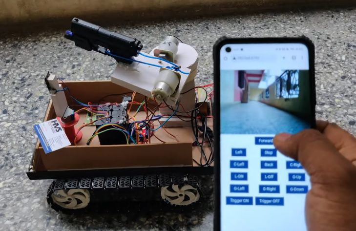 HVS-881. A New Product Design and Construction of an Intelligent Combat Robot for war fields using IOT and Bluetooth